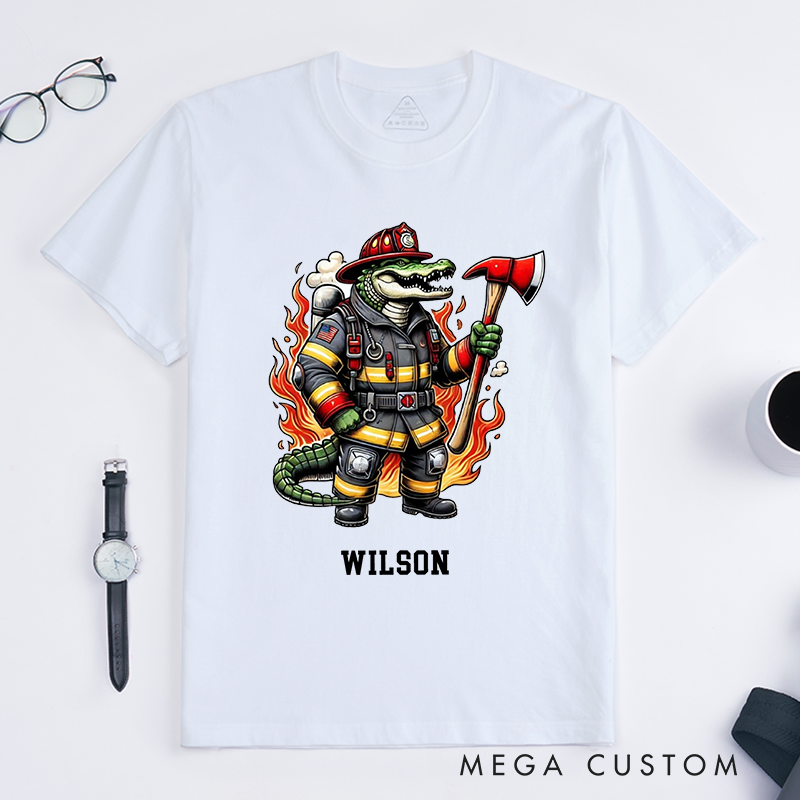 [Copy]Personalized Fun T-Shirt Cartoon Firefighter Crocodile Design Gift for Firefighter T-Shirt
