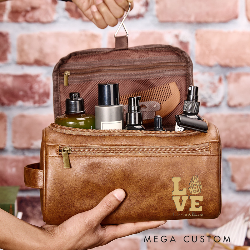 Personalized PU Leather Firefighter Toiletry Bag with LOVE and Fire Design Gift for Firefighter