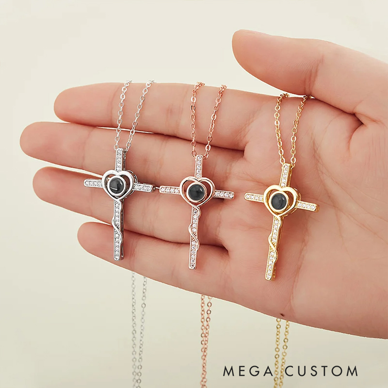 Personalized Photo Projection Cross Heart Necklace I Love You in 100 Languages Anniversary Birthday Gift for Women