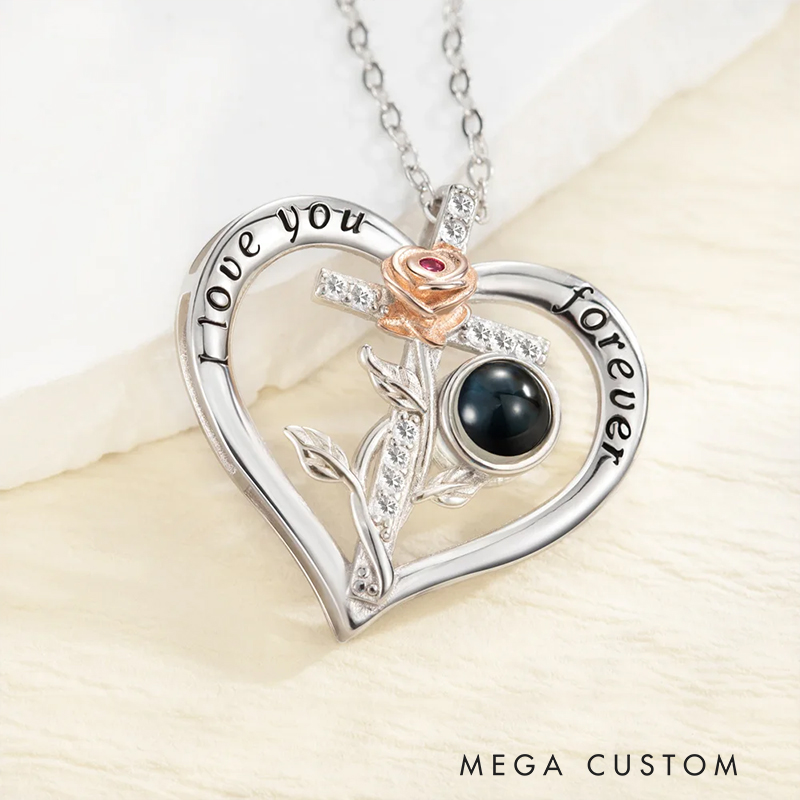 Personalized Rose Cross Heart-shaped Micro-Carved Photo Projection Necklace Birthday Anniversary Gift for Woman