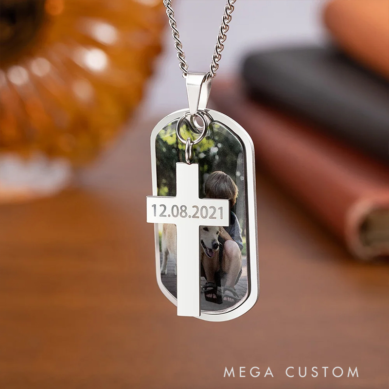 Personalized Photo Cross Dog Tag Necklace with Engraved Text Father's Day Gift Anniversary Gift Birthday Gift for Men Christian Gift