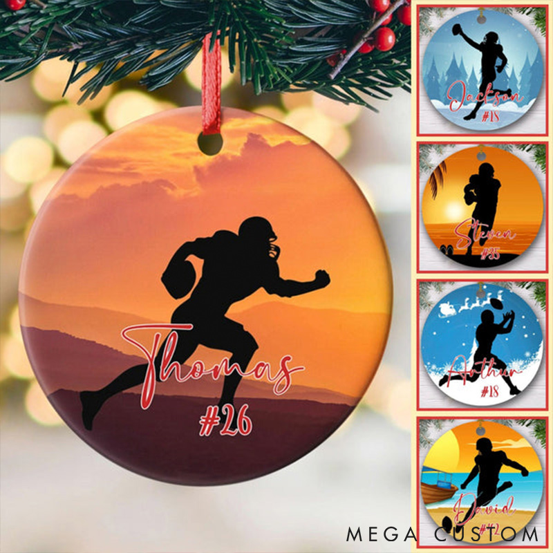Personalized American Football Ceramic Ornament with Player Silhouette and Custom Name and Number