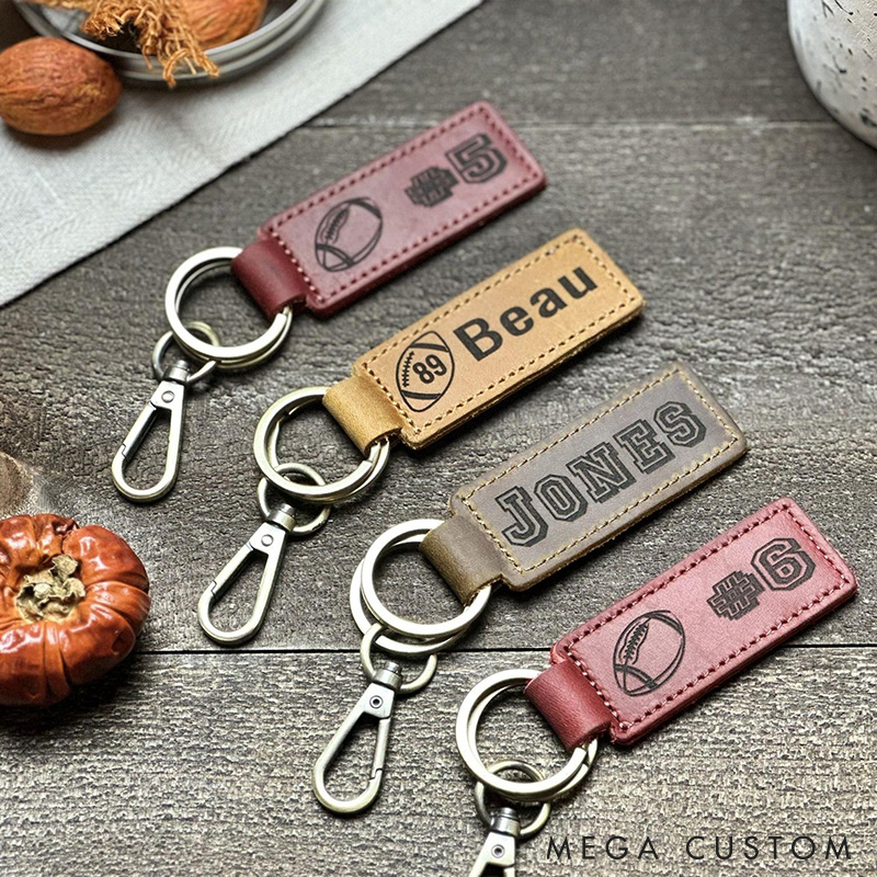 Personalized American Football Leather Keychain with Custom Text