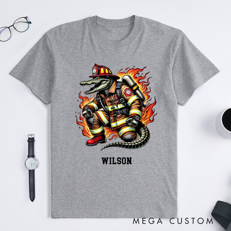Personalized Bold Dynamic Creative Firefighter Crocodile Illustration Design Gift for Firefighter T-Shirt