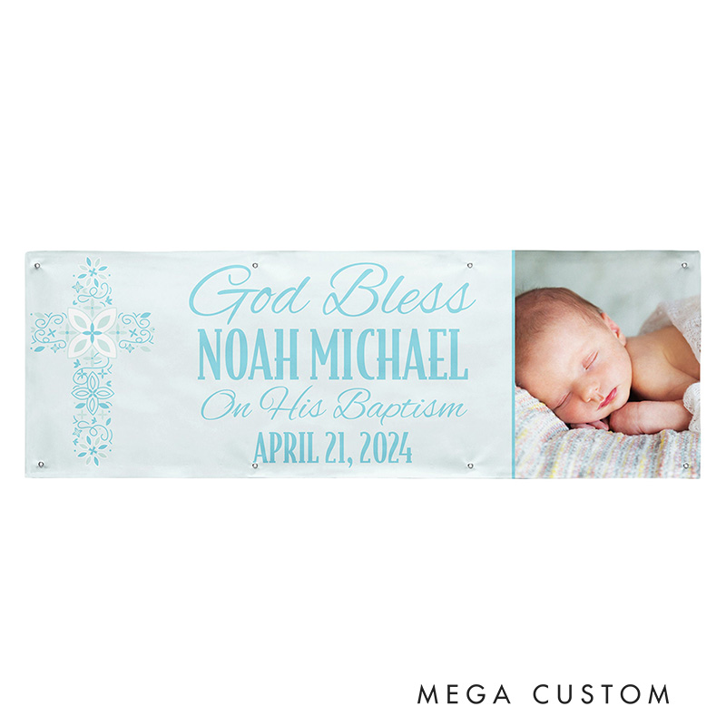 Personalized God Bless Baptism Celebration Photo Banner with Name and Photo Party Decor Religious Gift Baptism Gift for Boys and Girls