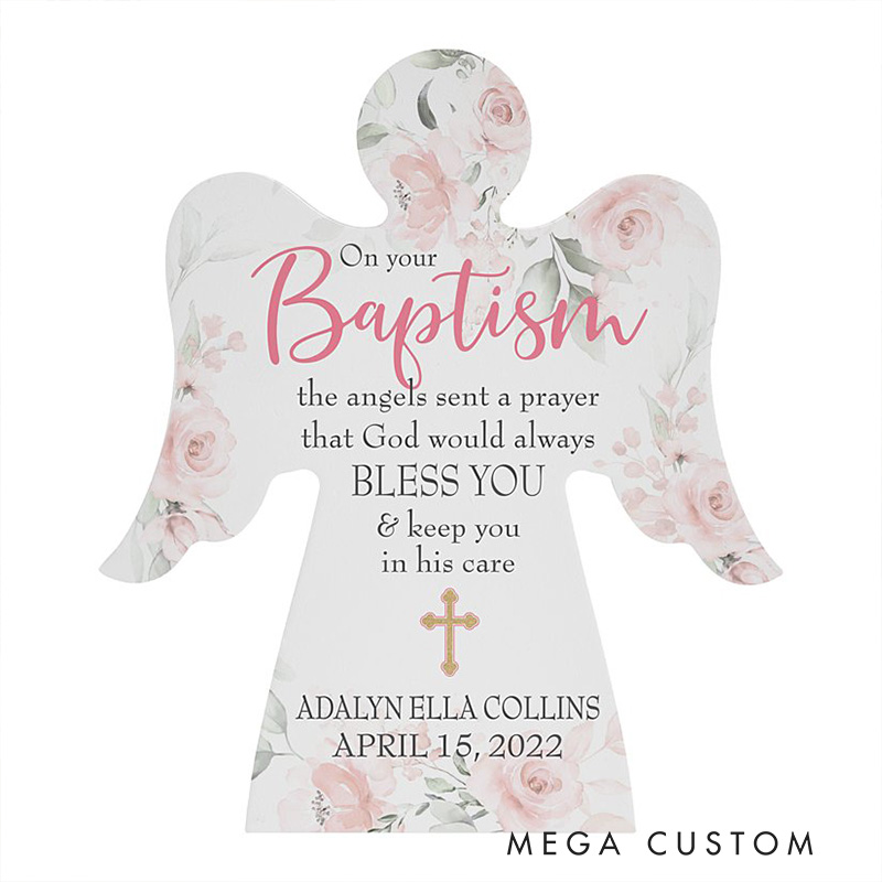 Personalized on Your Baptism Wood Angel with Name and Date Religious Gift Baptism Gift for Boys and Girls