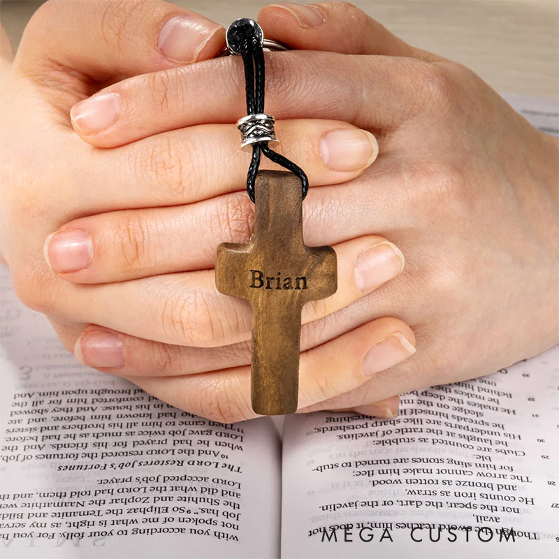 Personalized Wooden Cross Heart Keychain with Initial and Name Engraving Religious Gift Birthday Gift for Christians
