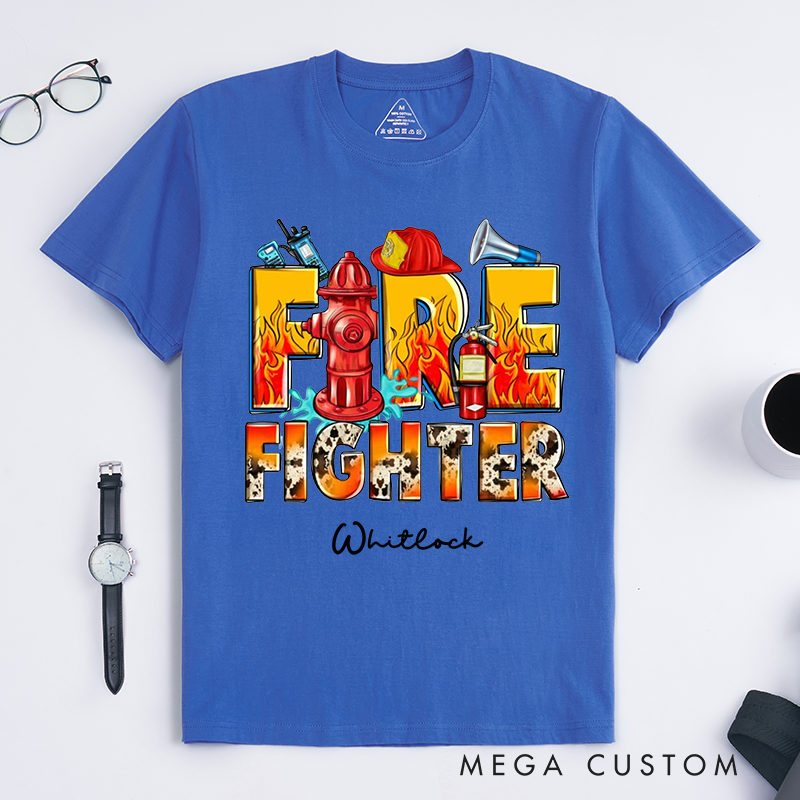 Personalized Vibrant Bold Dynamic Firefighter Typography and Equipment Illustration Design Gift for Firefighter T-Shirt