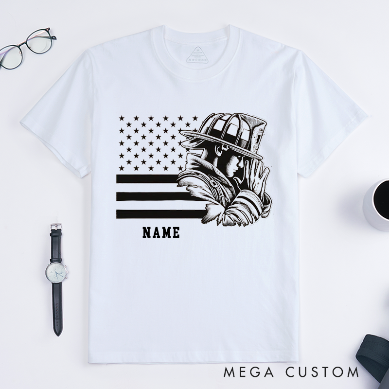 Personalized Firefighter Tribute American Flag and Helmet Illustration Design Gift for Firefighter T-Shirt
