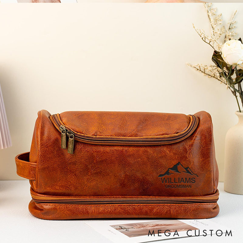 Personalized Groomsmen Toiletry Bag Leather Men’s Dopp Kit Bag Mountain Design Shaving Bag Gift for Groom Wedding Party Favors Travel Bag