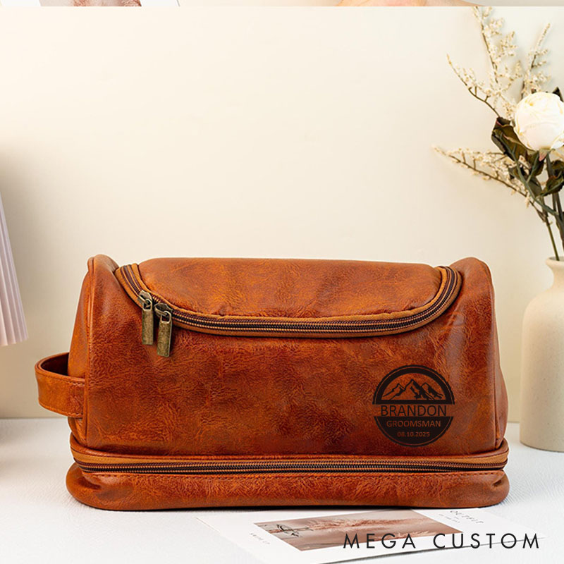 Personalized Groomsmen Leather Dopp Kit Groom Bachelor Party Toiletry Bag Men’s Striking Mountain Design Travel Bag Groomsman Proposal Gift Bag