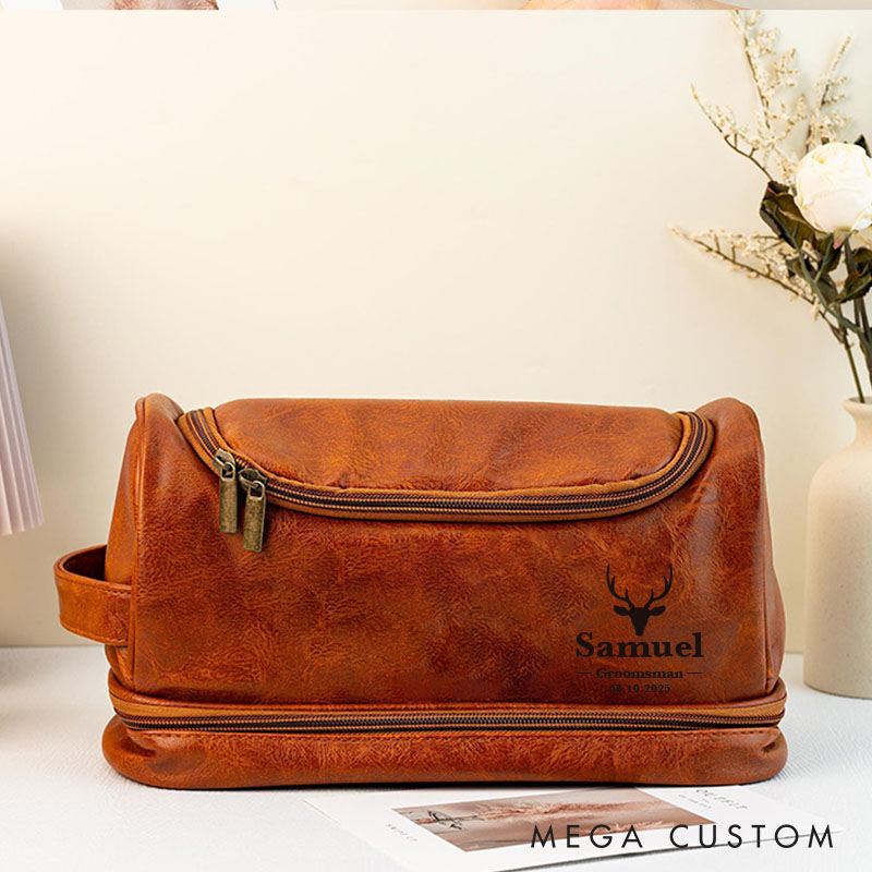 Personalized Groomsmen Leather Toiletry Bag Custom Bachelor Favors Dopp Kit Bag Deer Head Design Wedding Party Proposal Gift Travel Bag
