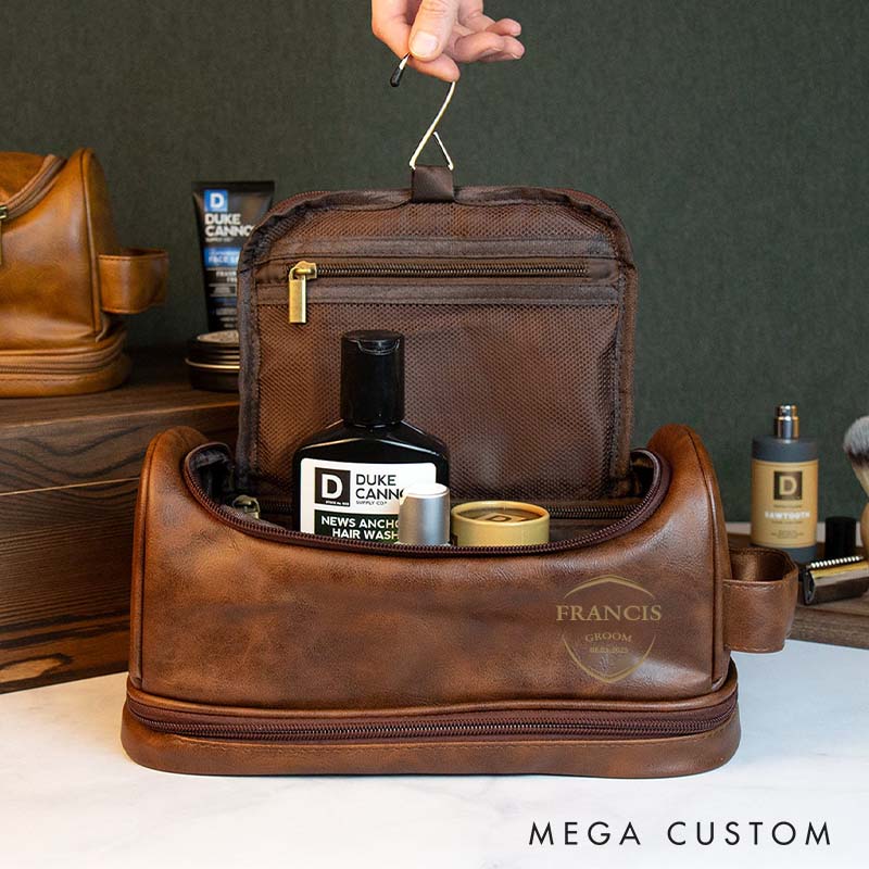 Personalized Leather Toiletry Bag for Groomsmen Men’s Wedding Party Shaving Kit Groom Shield Design Travel Bag Bachelor Favors Bag for Him