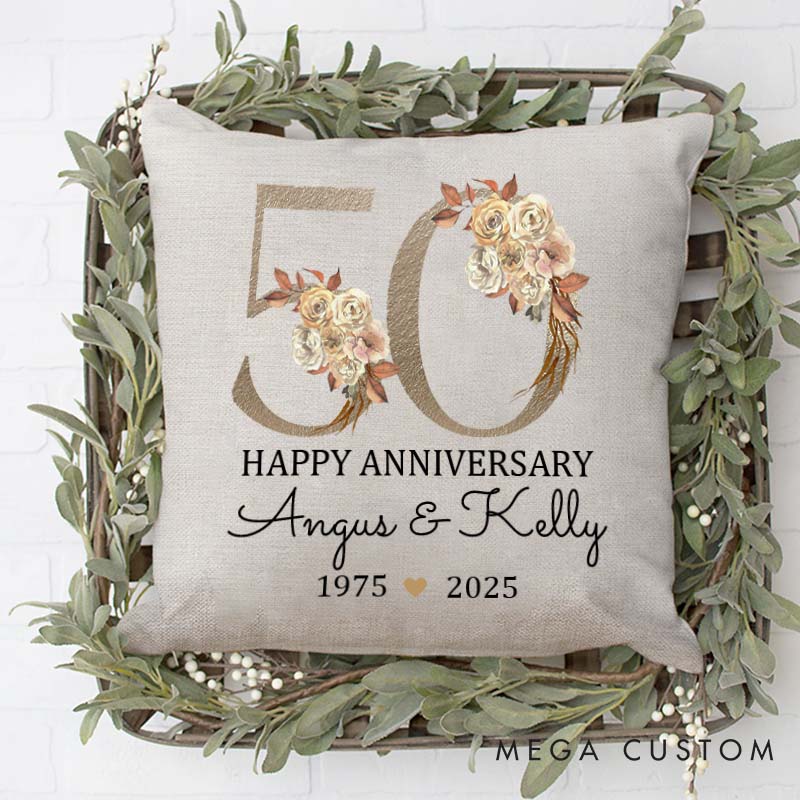 Personalized 50th Anniversary Pillow Couple Golden Wedding Anniversary Pillow Floral Design Couple 50 Years Anniversary Gift for Husband Wife