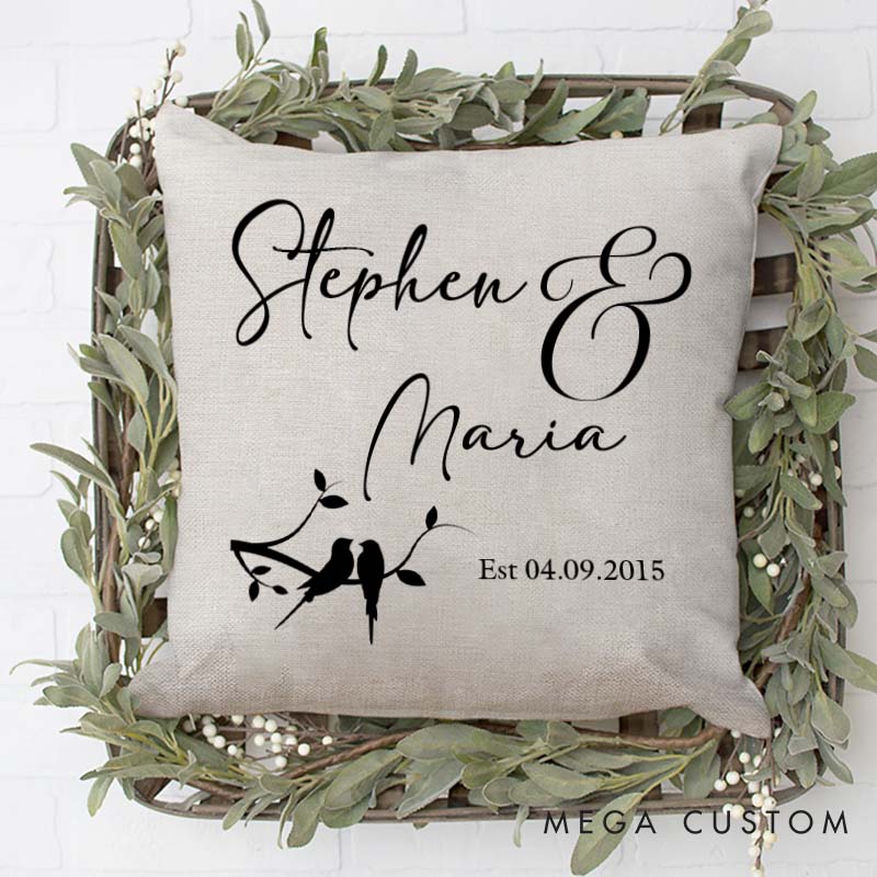 Personalized Love Birds Couple Pillow Custom Wedding Anniversary Gift Pillow for Couple Home Decor Pillow With Name and Date