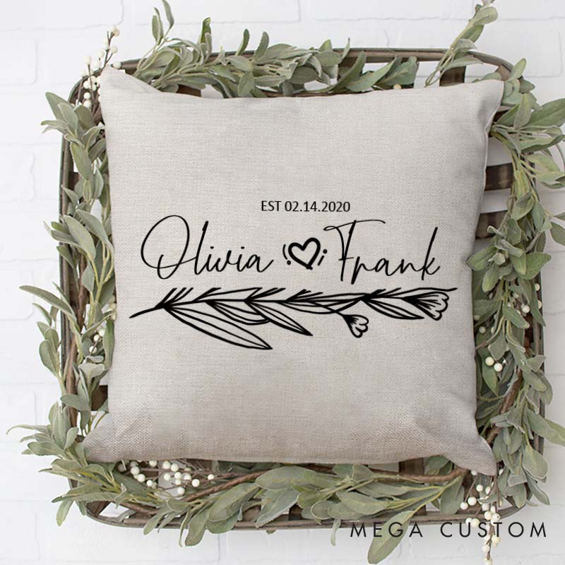 Personalized Couple Anniversary Pillow Wife Husband Wedding Anniversary Pillow Romantic Floral Branch Design Pillow with Name and Date