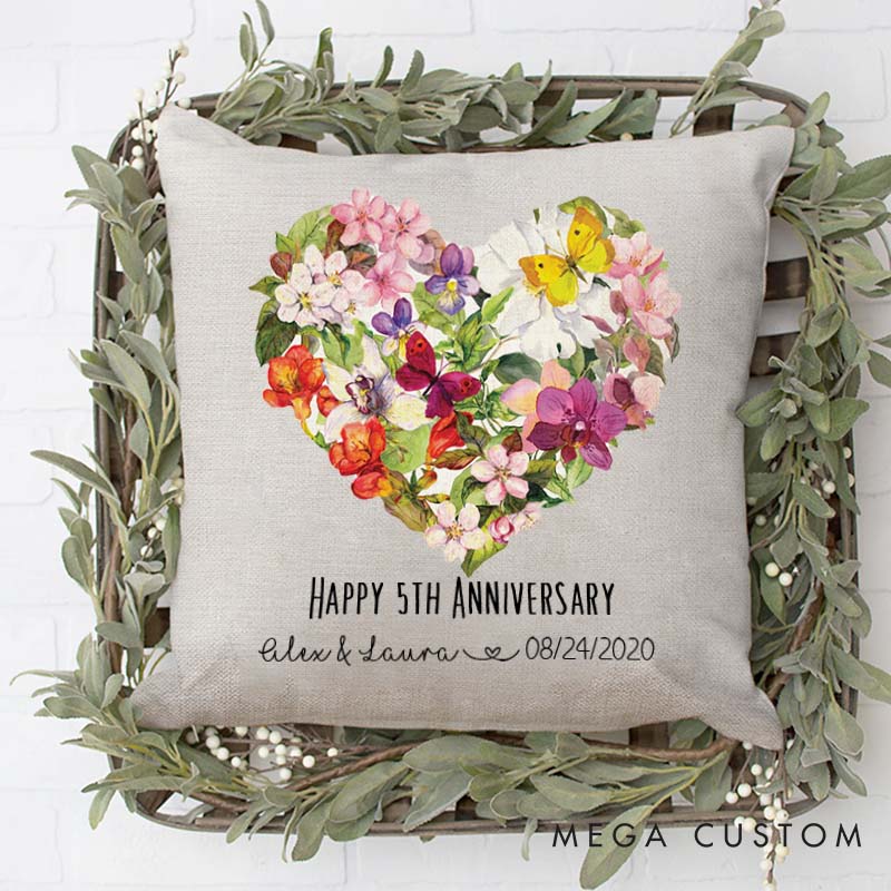 Personalized Floral Heart Anniversary Pillow Couple Wedding Anniversary with Name and Date Romantic Floral Heart Pillow for Him Her