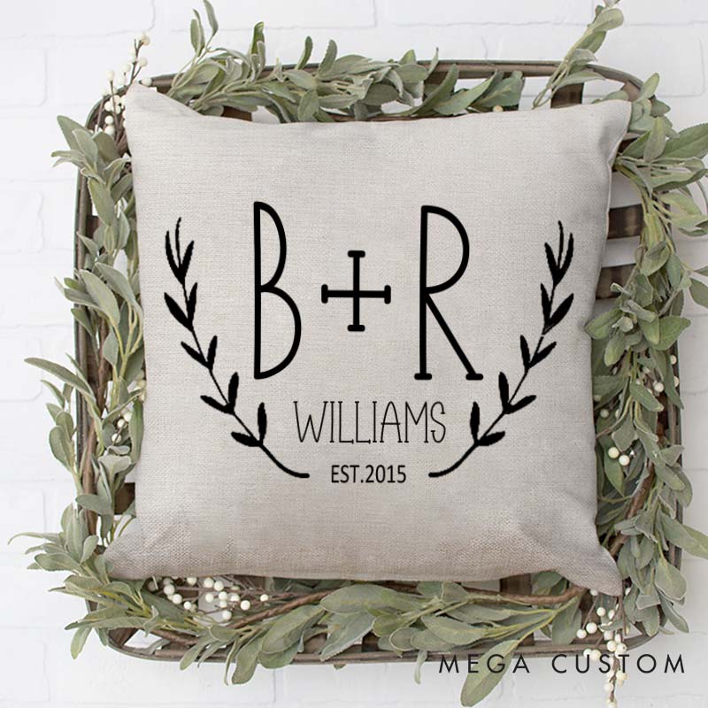 Personalized Couple Initials Pillow Custom Husband Wife Wedding Anniversary Gift Pillow Rustic Laurel Design Anniversary Pillow for Couple