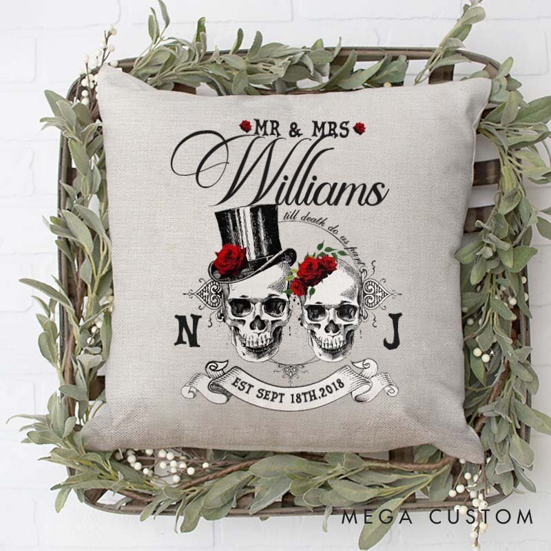 Personalized Gothic Couple Anniversary Pillow Woman Man Wedding Anniversary Pillow Skull Couple Design Pillow with Name and Established Date