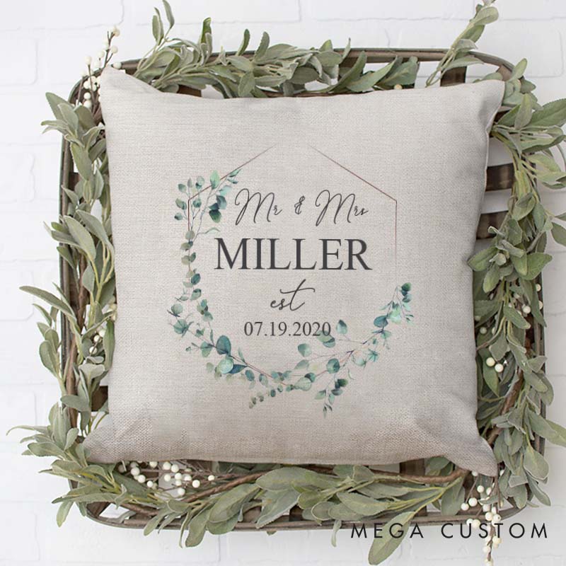 Personalized Mr. and Mrs. Pillow Couple Wedding Anniversary Pillow Elegant Floral Wreath Design Pillow with Name and Date