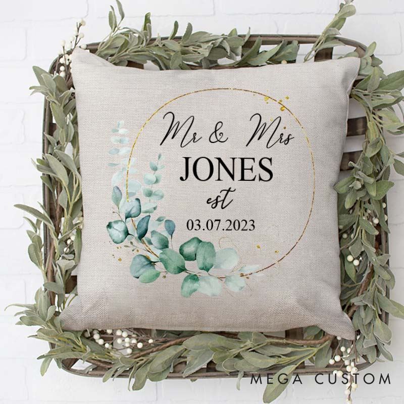 Personalized Mr. and Mrs. Anniversary Pillow Couple Wedding Anniversary Pillow Elegant Greenery Wreath Design Pillow with Name and Date