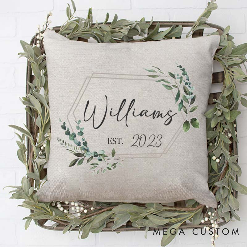 Personalized Couple Anniversary Named Pillow Elegant Greenery Design Pillow with Established Date Husband Wife Anniversary Gift Pillow