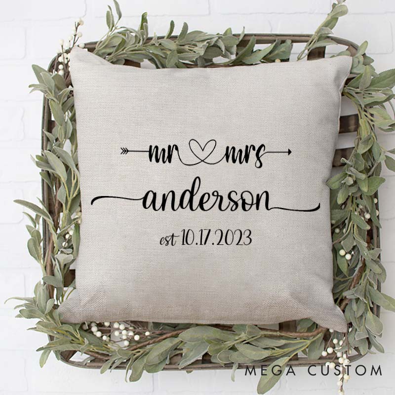 Personalized Mr. and Mrs. Pillow Couple Anniversary Pillow for Husband Wife Elegant Arrow and Heart Design Pillow with Last Name and Date