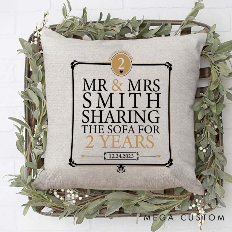 Personalized Couple Anniversary Pillow Funny "SHARING THE SOFA" Design Pillow with Name Date Couple Wedding Anniversary Pillow for Husband Wife