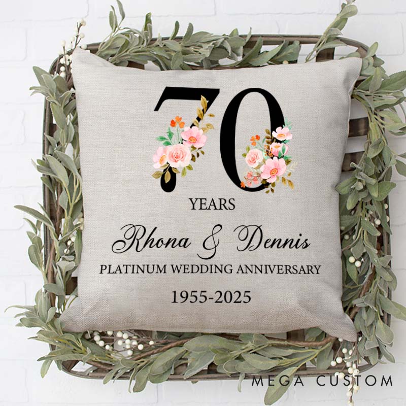 Personalized 70th Anniversary Pillow Couple Platinum Wedding Anniversary Gift Pillow Floral Number Design Pillow for Husband Wife