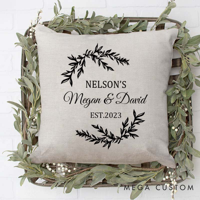 Personalized Couple Wedding Anniversary Pillow Husband Wife Cotton Anniversary Pillow Elegant Wreath Design Pillow with Names and Date