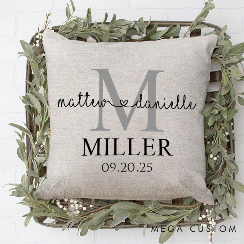 Personalized Couple Minimalist Mr. and Mrs. Pillow with Initials Custom Couple Name Valentine's Day Pillow with Date Husband Wife Pillow for Him Her