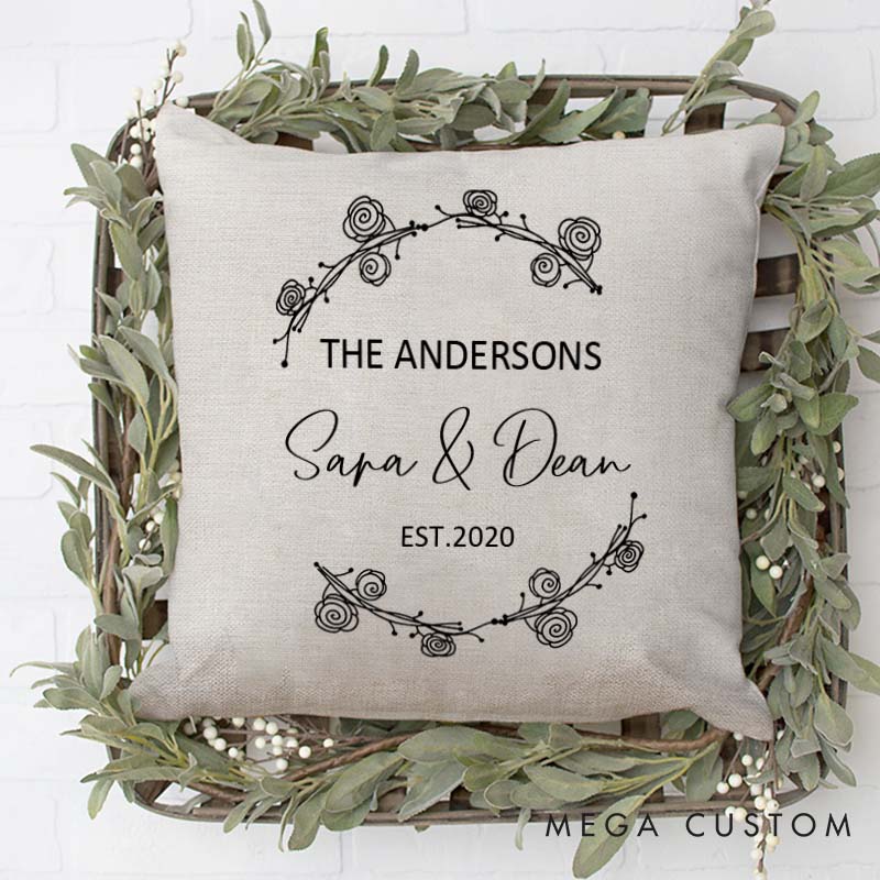 Personalized Couple Wedding Anniversary Pillow Rose Wreath Design Pillow with Names and Year Husband Wife Anniversary Gift