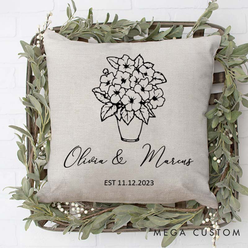 Personalized Floral Couples Pillow Couple Wedding Anniversary Gift Pillow for Her Him Elegant Design Pillow with Names and Established Date