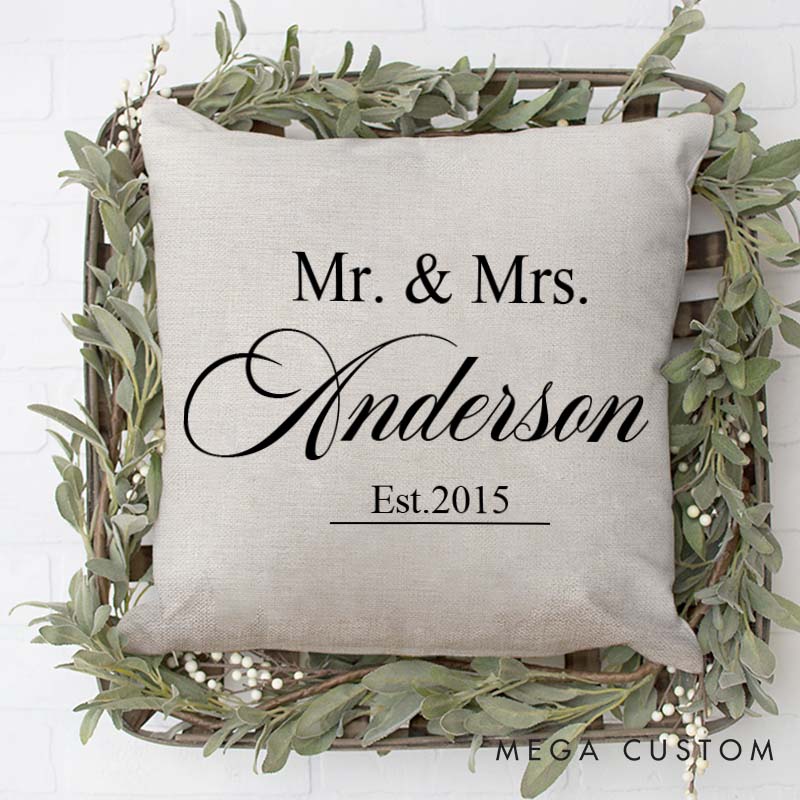 Personalized Mr. and Mrs. Anniversary Pillow Couple Wedding Anniversary Pillow Minimalist Design Pillow with Couple Name and Established Year