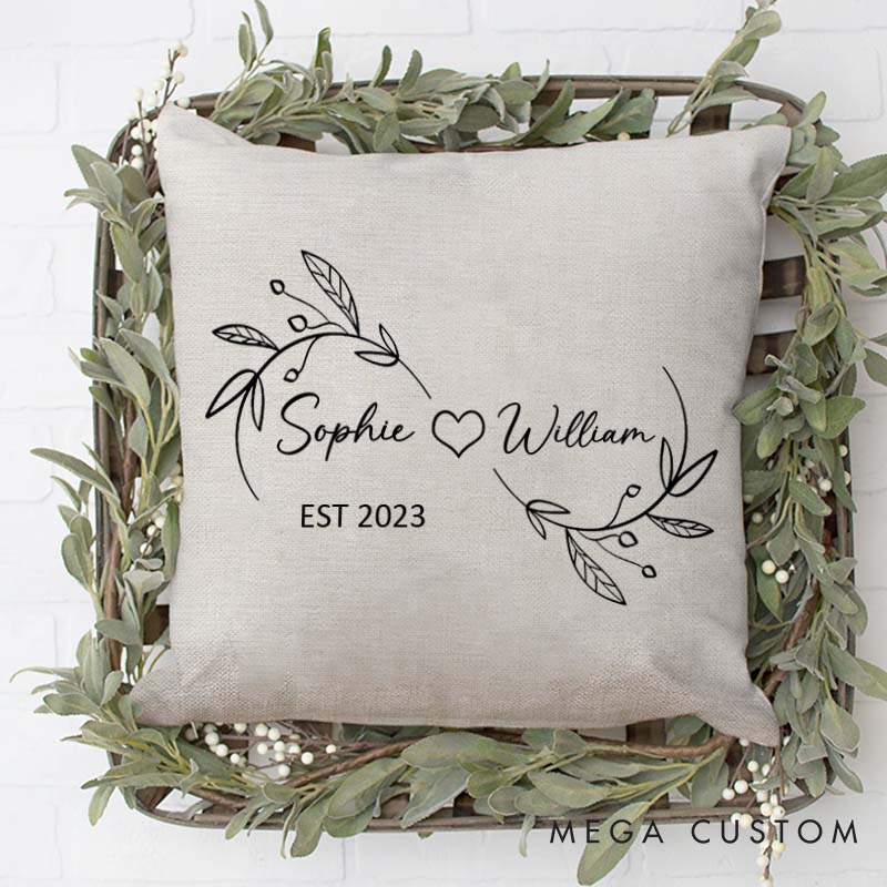 Personalized Couple Timeless Love Anniversary Pillow Leaf Infinity Design Pillow with Names and Date Husband Wife Anniversary Gift Pillow