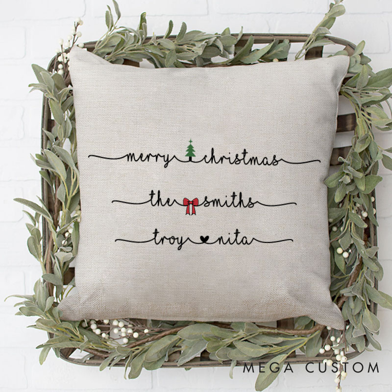 Personalized Couple Merry Christmas Pillow Custom Couple Xmas Tree and Bow Pillow with Name Boyfriend Girlfriend Gift Husband Wife Pillow for Him Her