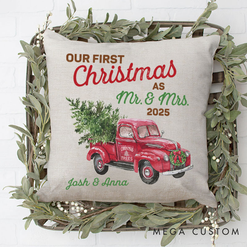 Personalized Couple Our First Christmas as Mr. and Mrs. Pillow Newlyweds Name Pillow Xmas Truck with Tree Pillow Husband Wife Pillow for Him Her