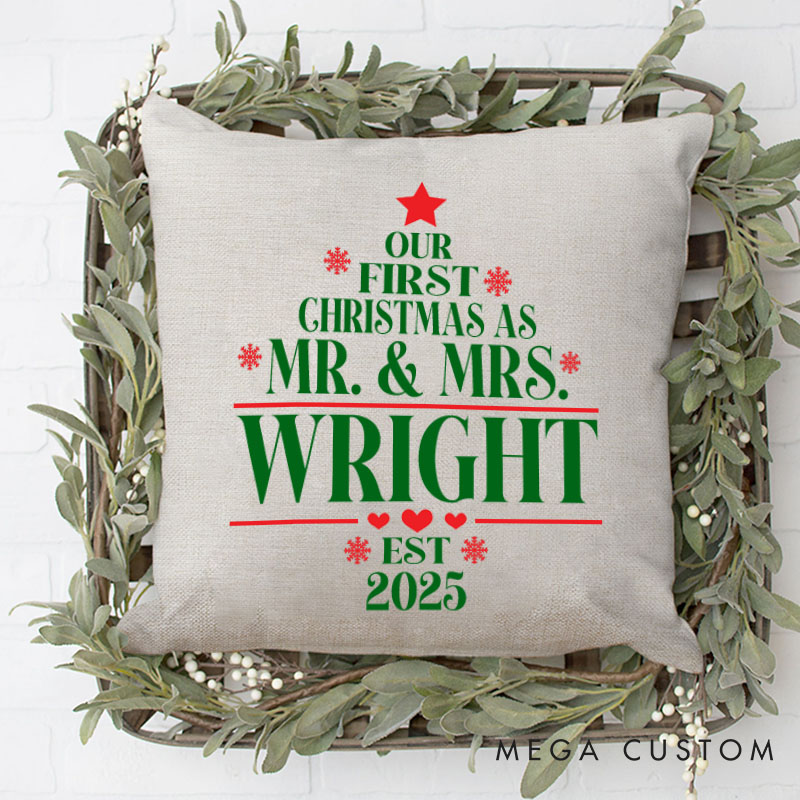 Personalized Couple Our First Christmas as Mr. and Mrs. Pillow Newlyweds Name Pillow Xmas Tree Pillow 2025 Husband Wife Pillow for Him Her