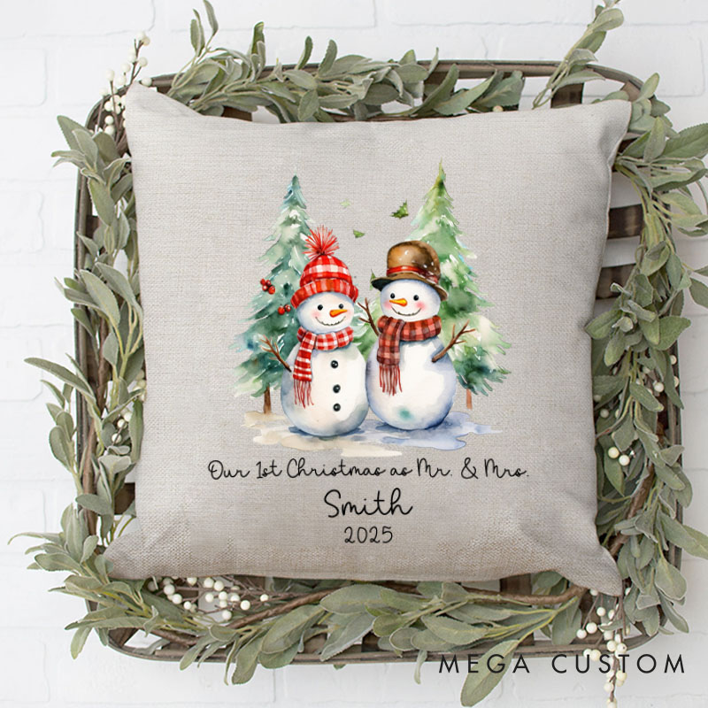 Personalized Couple Our First Christmas as Mr. and Mrs. Pillow Newlyweds Name Pillow Xmas Snowman and Tree Pillow 2025 Husband Wife Pillow for Him Her