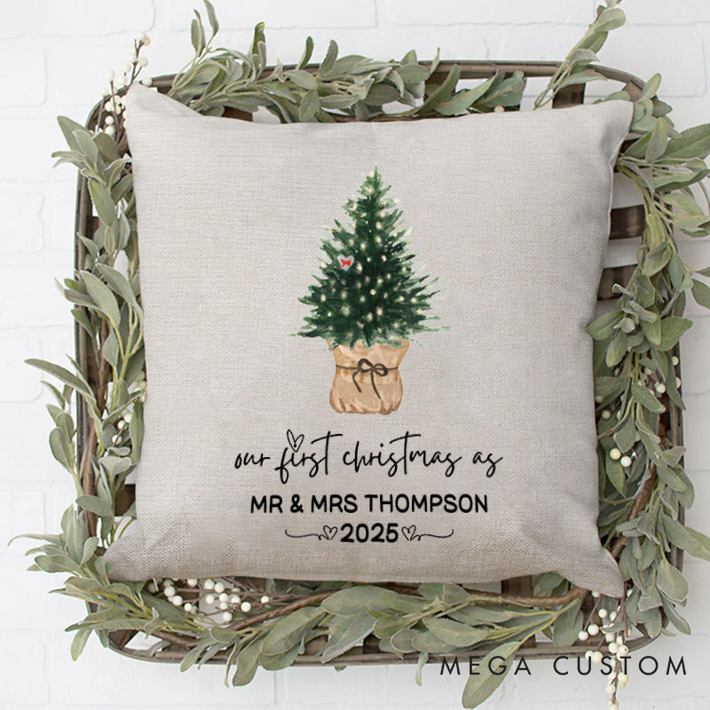 Personalized Couple Our First Christmas as Mr. and Mrs. Pillow Newlyweds Name Pillow Xmas Tree and Heart Pillow 2025 Husband Wife Pillow for Him Her