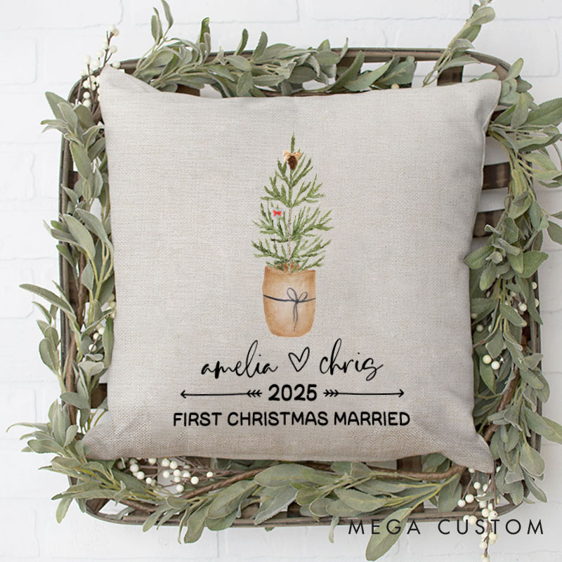 Personalized Couple First Christmas Married Pillow Newlyweds Name Pillow Xmas Tree and Heart Pillow 2025 Hubby Wifey Husband Wife Pillow for Him Her