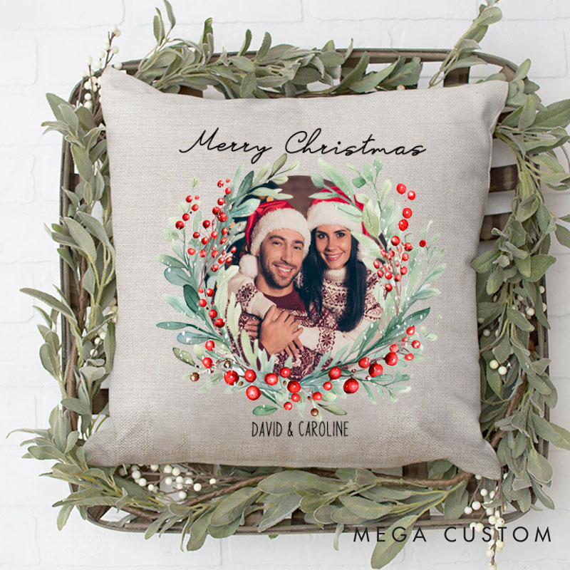 Personalized Couple Merry Christmas Wreath Pillow with Photo Custom Name Pillow Boyfriend Girlfriend Xmas Pillow Husband Wife Pillow for Him Her