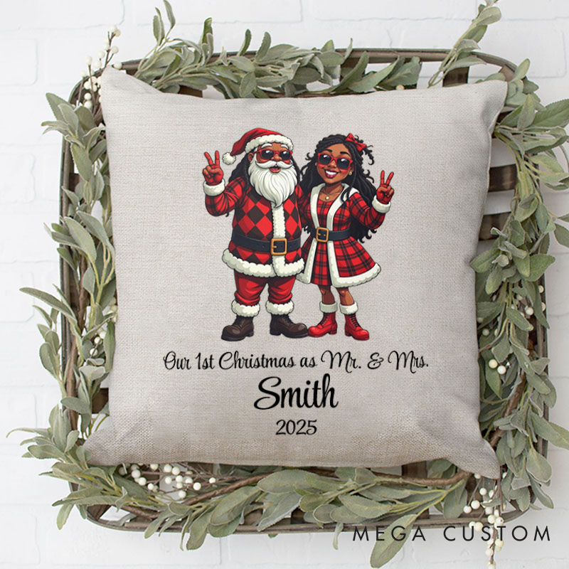 Personalized Santa Couple Our First Christmas as Mr. and Mrs. Pillow Newlyweds Name Pillow Xmas Pillow Hubby Wifey Husband Wife Pillow for Him Her