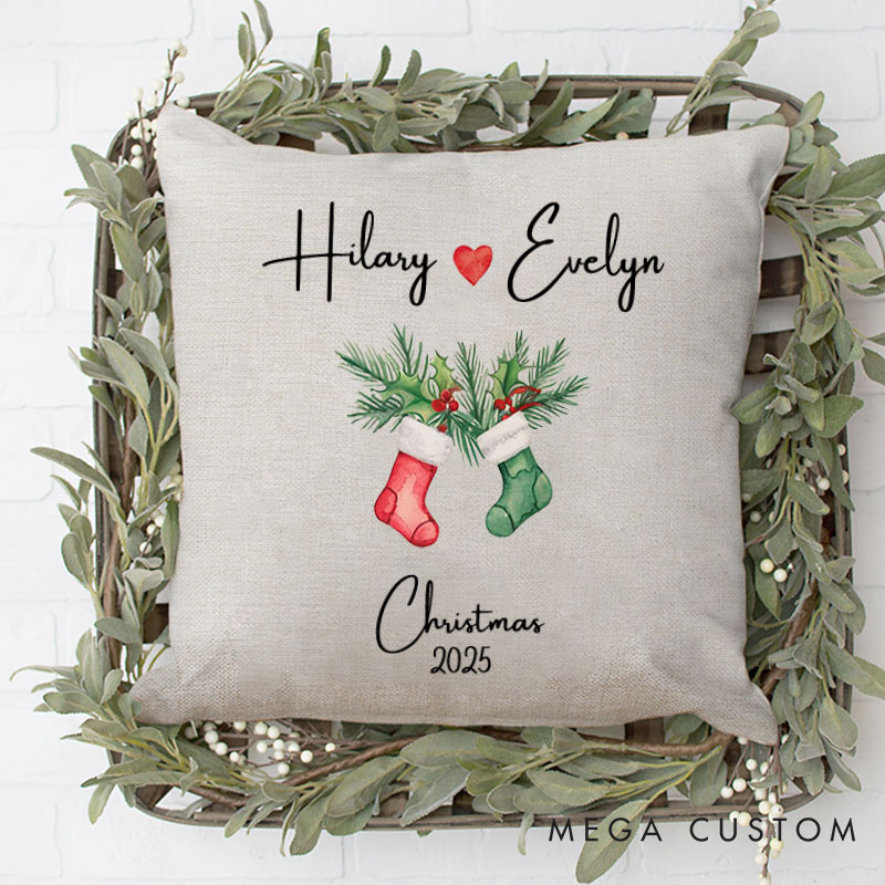 Personalized Couple Christmas Stocking Pillow Custom Couple Name with Heart Pillow Xmas Pillow Boyfriend Girlfriend Husband Wife Pillow for Him Her