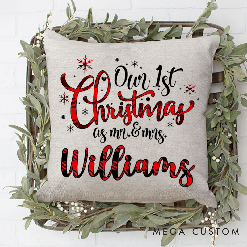 Personalized Couple Red Plaid Our First Christmas as Mr. and Mrs. Pillow Newlyweds Name Pillow Xmas Pillow Hubby Wifey Husband Wife Pillow for Him Her