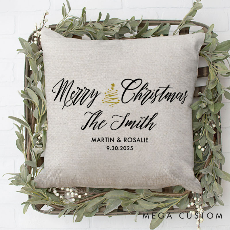 Personalized Couple Merry Christmas with Xmas Tree Pillow Newlyweds Name Pillow Xmas Pillow Hubby Wifey Husband Wife Pillow for Him Her