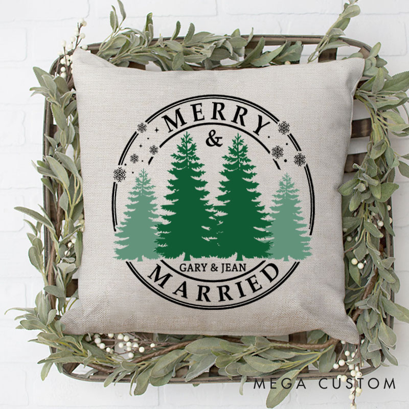 Personalized Couple Merry and Married Christmas Pillow Custom Newlyweds Name Pillow Xmas Tree Pillow Hubby Wifey Gift Husband Wife Pillow for Him Her
