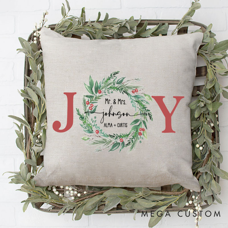 Personalized Couple JOY with Wreath Christmas Pillow Custom Newlyweds Name Pillow Mr. and Mrs. Xmas Pillow Hubby Wifey Husband Wife Pillow for Him Her