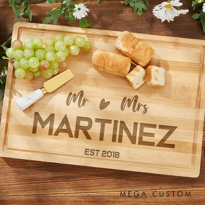 Personalized Bamboo Couple Cutting Board Mr. and Mrs. Heart Design Anniversary Cutting Board Couple Named Cutting Board for Anniversary