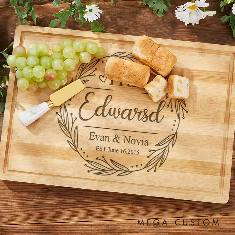 Personalized Anniversary Cutting Board Engraved Bamboo Cutting Board for Husband Wife Rustic Wreath Design Cutting Board for Him Her
